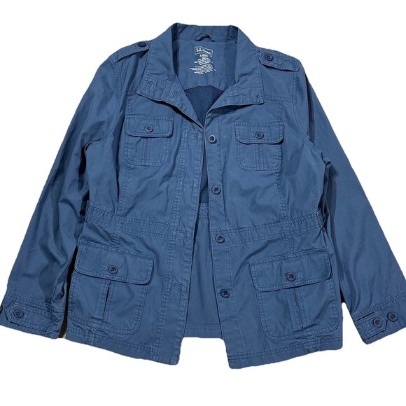 LL Bean Womens Jacket Blue Utility Field Chore Military Safari Canvas Size Large - Picture 1 of 12